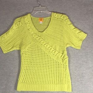 RUBY RD. Cheerful Bright Lime V Neck Short Sleeve Sweater with Crisscross Detail